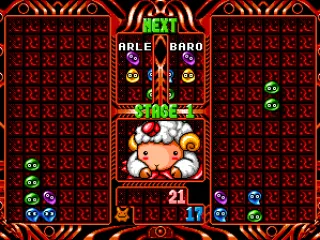 Matching up 3 like colored puyos