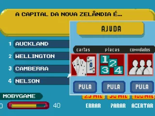 If you're in doubt, you can ask for help. That help can be given by the cards, by the (in this case, simulated) other players or by the show's guests. You can also skip questions up to three times.
