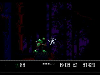 Level 3 is a dark forest. Some enemies change Vectorman's colour when they hit him.