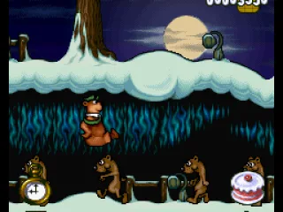 To escape from the danger, Yogi jumps above a row of weasels.