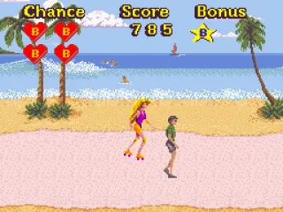 Level two: Barbie skates down a beach path, avoiding joggers and frisbees.