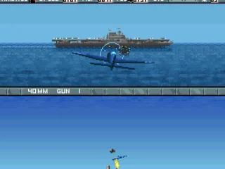 A US plane makes a strafing attack on a japanese ship