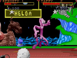 Taffy avoids Frosty's snowball attack.