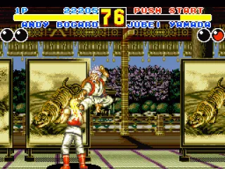 Jubei Yamada jumps from the background, through a dressing screen, to the foreground. An example of the pseudo 3D gameplay.