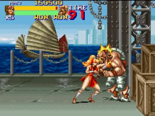 At the harbor, fighting the first boss