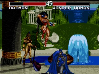 Batman hides behind his cape as Wonder Woman approaches