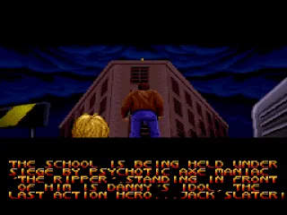 Opening Animation: Axe-wielding madman screwing up school reform? Send in the Governator and watch the gibs fly