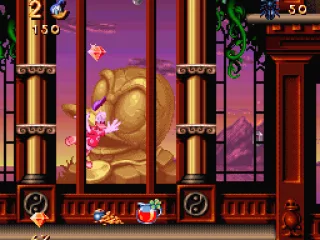 The mansion in the SNES version does not feature the spitting pirate faces from the Genesis/Mega Drive version.