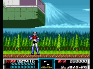 Brocken buzzes the ground in his flying fortress just to freak Mazinger out.