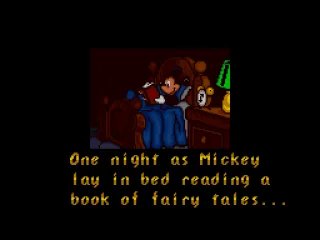 Intro cutscene, Mickey goes to sleep, wondering what it would be like to live in a magic castle...