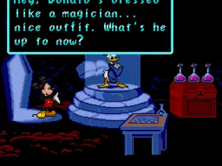 Mickey finds Donald testing a new shrinking spell.