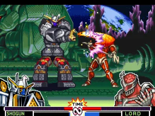 Shogun Megazord hit-connecting a spinning-sword hit in Lord Zedd through his move Sword Cyclone.