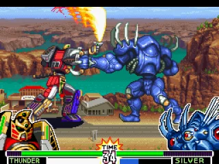 Thunder Megazord trying a sword attack against Silver Horns: the monster strikes back using a punch.