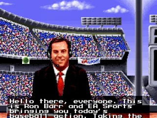 The announcer, Ron Barr, tells who is up at bat and who is pitching.