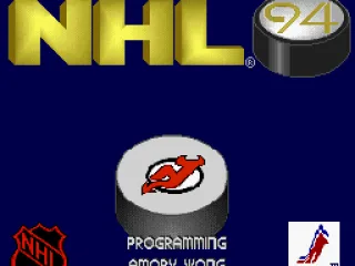 A neat little title screen, different from the Genesis version -- mode-7 pucks zoom by with random team logos on them.