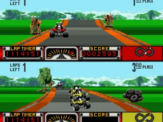 The player's vehicle is on the top half of the screen, while the bottom half of the screen show the opponent vehicles