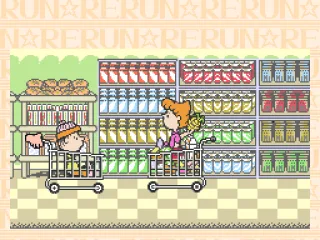 Inside the supermarket. She throws stuff, watch out.