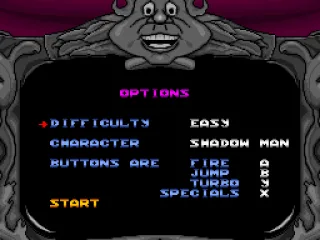 Players can choose a difficulty, a character and the controls of their choice in the options menu