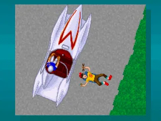 In the pits. Sparky is going to repair the Mach 5.