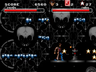 Gambit has to escape a huge steel ball - hindered by small pesky enemies and bad background graphics.