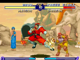 Dhalsim attacks with his Yoga Fire, but M. Bison was sufficiently fast to