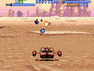 The landspeeder level uses the SNES Mode 7 effect. Soft control and excellent playability!