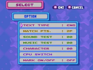 Options screen. It is possible modify some details in the game.