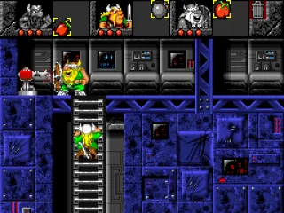 While Olaf shields off the laser, Baelog climbs the ladder.