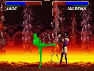 Mileena blocks Jade's special kick
