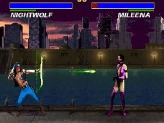 Nightwolf launches an arrow at Mileena