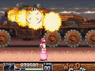 Annie about to be fried by the flame thrower of the Desolation Canyon boss