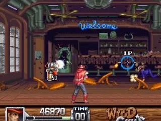 The owner of the bar desperately tries to dodge Clint's bullets (on this screen you also see a floating power-up)