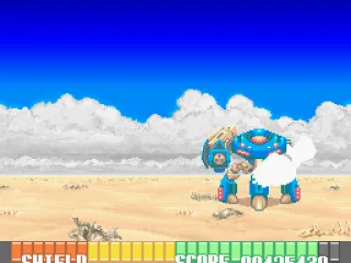 This blue robot stands in the way